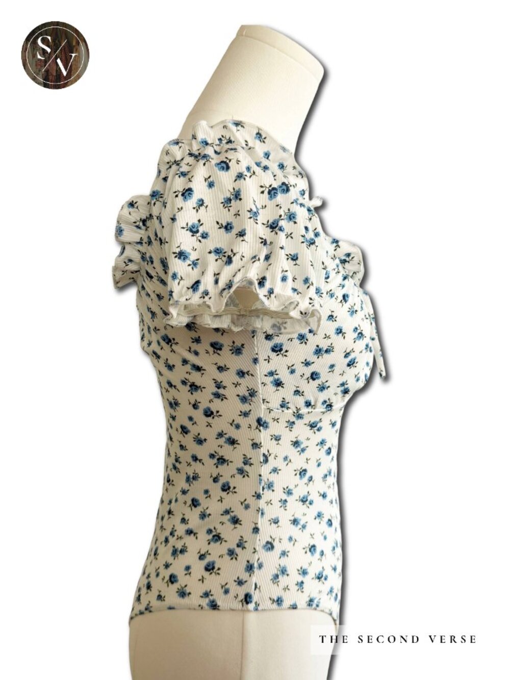 NWT Windsor Cottagecore White Blue Floral Puff Sleeve Bodysuit Size Small Spring - Picture 2 of 9